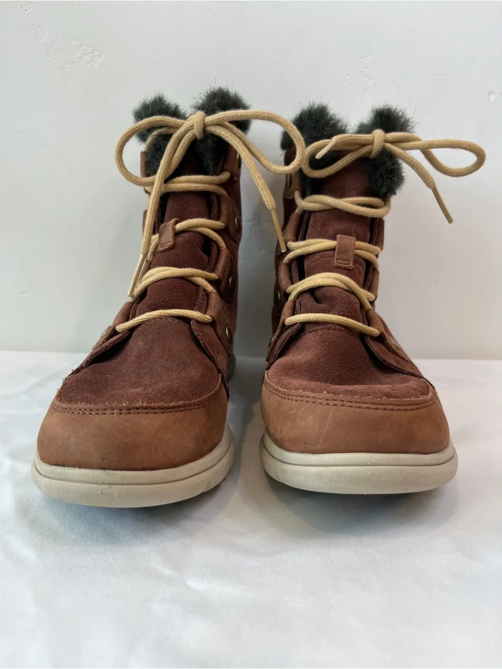 Sorel Explorer Joan Waterproof Suede Winter Boots Burro Brown Womens Size 8 NL30